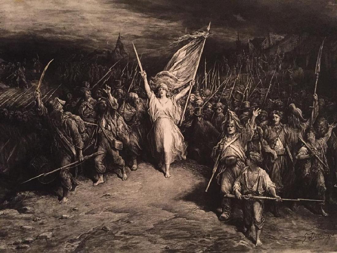 1880's Photogravure Print, Liberty, Gustave Dore: Original 1883 photogravure print, from the original, " The Marseillaise Hymn" by Gustove Dore, features an outraged Liberty incarnate, with sword in one hand & as a standard bearer she carries the fla