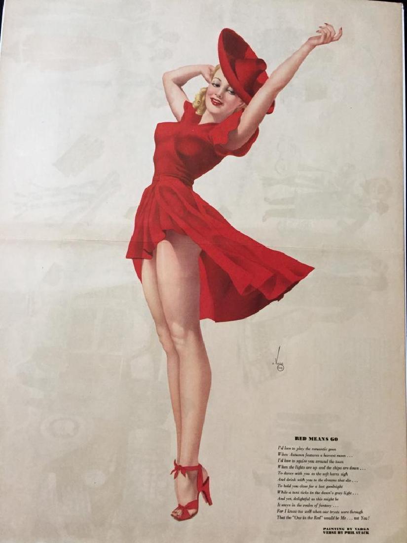 1941 Esquire Magazine Varga Girl Pin Up Print: Original September 1941 Esquire magazine double page WWII pin-up print by Alberto Vargas, "Red Means Go." Lovely blonde girl in a red dress with matching hat. Poem/ verse at the bottom right by Phil S