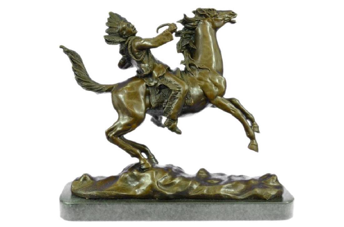 After Kauba, Mounted Indian Chief Bronze Sculpture: After Carl Kauba ( Austrian, 1865- 1922 ), mounted Indian Chief bronze sculpture. Lost wax casting bronze sculpture on black marble base. 14" X 4". 20lbs.