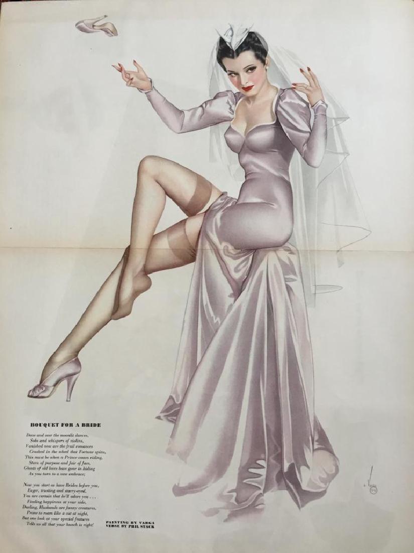 1941 Esquire Magazine Varga Girl Pin Up Print: Original June 1941 Esquire magazine double page WWII pin up print by Alberto Vargas, "Bouquet For A Bride". A beautiful brunette in a lavender wedding dress. Poem, verse at bottom left by Phil Stack.