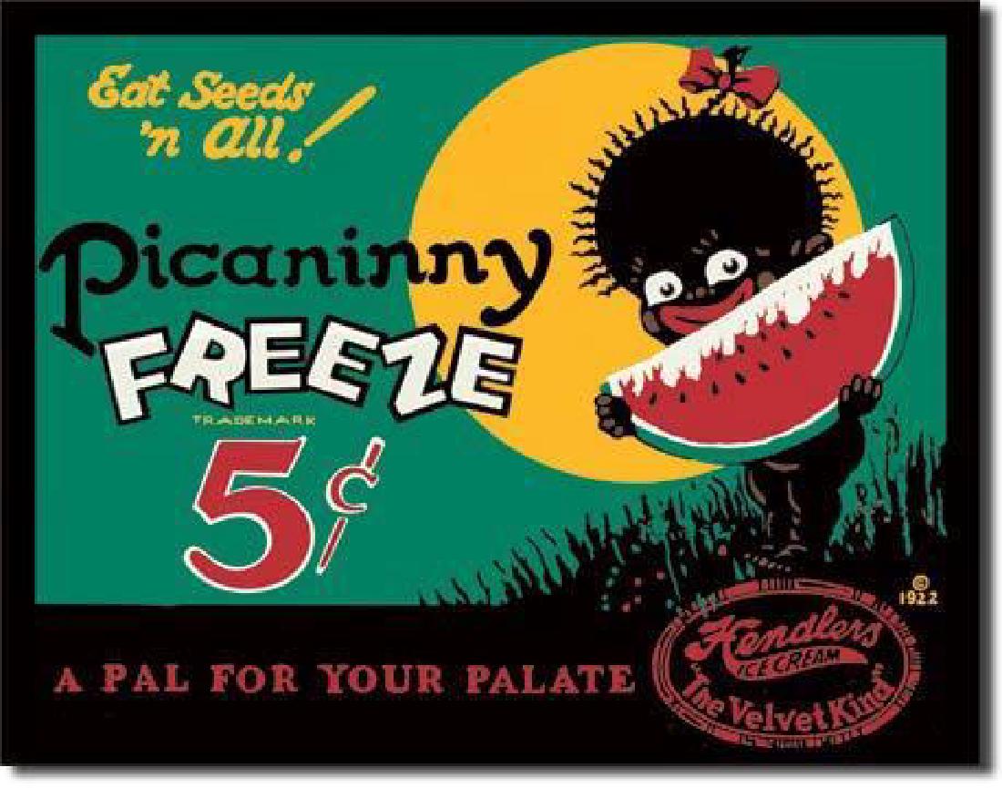 Black Americana, Ice Cream Metal Sign: Vintage-style modern metal sign, Black Americana advertising for Picaninny Freeze ice cream. 13" X 16". Pre-drilled holes for mounting.