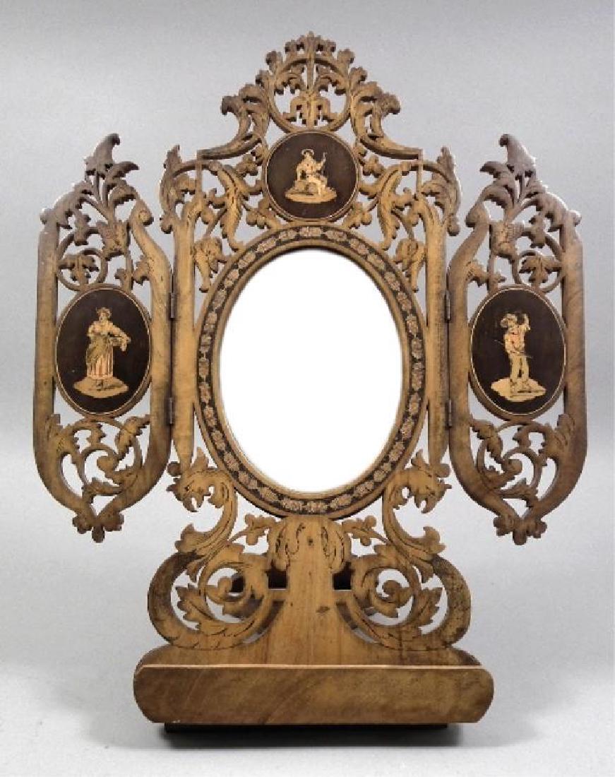 19thc Italian Olivewood Folding Mirror Music Stand: Early 1800's Italian, pierced olivewood folding beveled table mirror, music stand, with adjustable back rest & additional folding shelf. Marquetry inlaid scenes of peasants, on both front & back of th