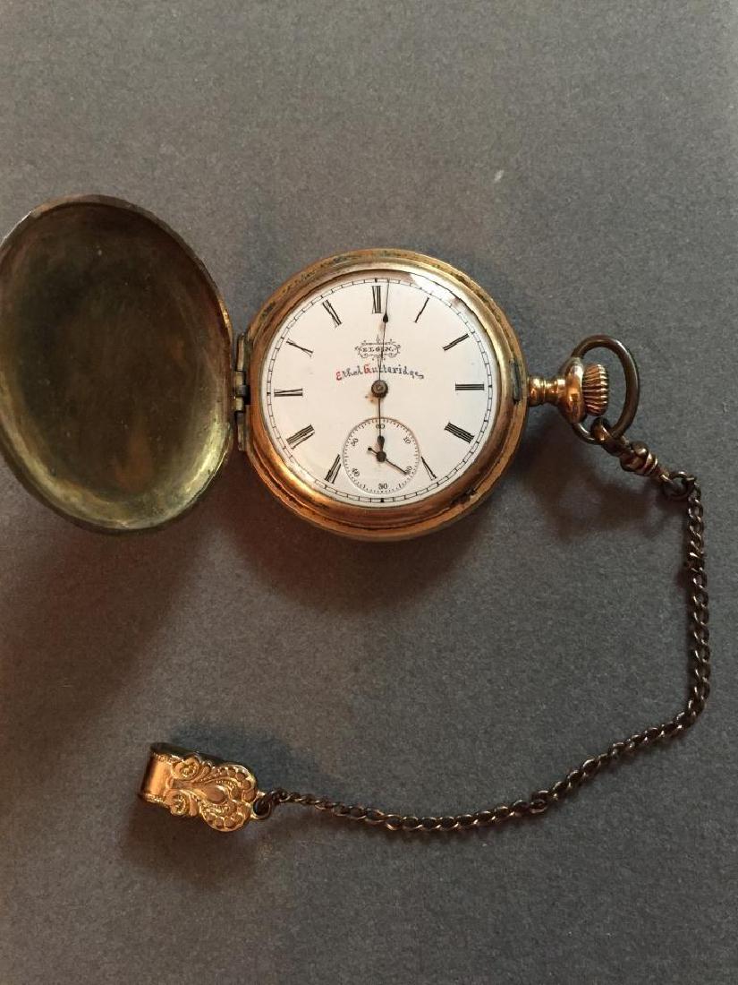 1890 Elgin 13 Jewels Pocket Watch: 1890 Elgin National Watch Company, Empress A. W. C. Co. pocket watch, with attached ornate fob & chain. Roman numerals, "Elgin" & "Ethel Gutteridge" inscribed on white face dial with additional second