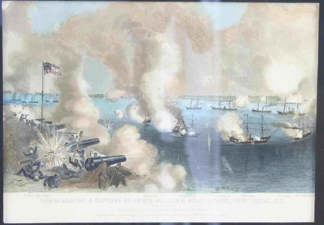 Hand-colored Steel Engraving, Port Royal SC Battle: 19th Century ( 1862 ) Hand-colored Steel Engraving of an 1861 Battle - Bombardment of Forts Walker & Beauregard at Port Royal, SC. framed with Black mat & modern 12" X 15" Wooden frame. Backing on fra