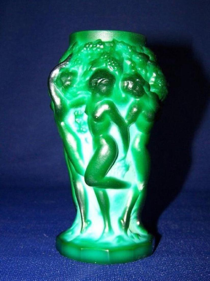 After Hoffman, Art Deco DESNA Nude Glass Vase: After Heinrich Hoffman, Bohemia Art Deco-style, Czech jade vaseline glass, nudes & grape harvest vase. Made in Bohemia at the DESNA factory from models by Heinrich Hoffman. 5" H X 3"D.