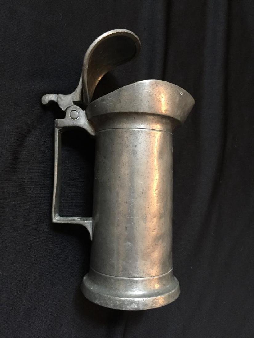 Rare 18thc French Pewter, Pub Bar Tankard Gill: Rare 18th Century French pewter, Rudotalille Mon. Oudart #13 lidded tankard, measuring gill, carrying the die markings on the handle, the word "DEMELITRE" on the front & the double Tudor rose flower s