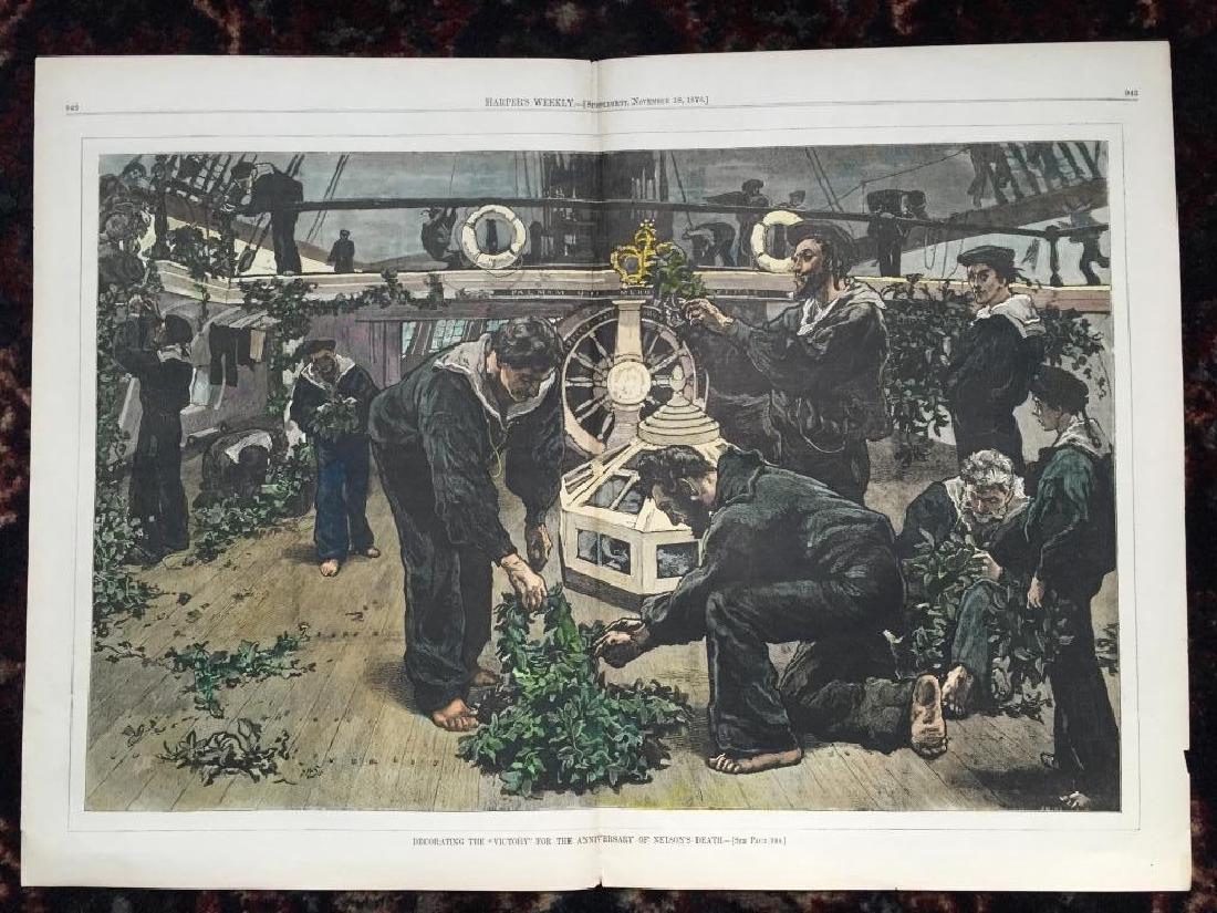 19thc Hand-colored Print, Lord Nelson Ship Tribute: Original 19th Century hand-colored engraving, from an 1876 Harper's Weekly. Decorating The "Victory" For The Anniversary Of Nelson's Death. Double page spread. 16" X 22".