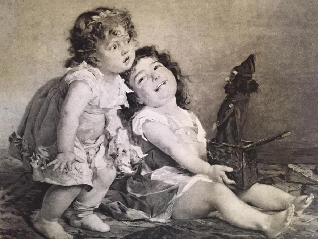 1880's Photogravure, Children & Jack In The Box: Original 1883 Photogravure Print, "Jack In The Box" from the original 1875 painting by French artist Timoleon Lobrichon. The scene, two small laughing children, playing with their Jack In The Box toy.