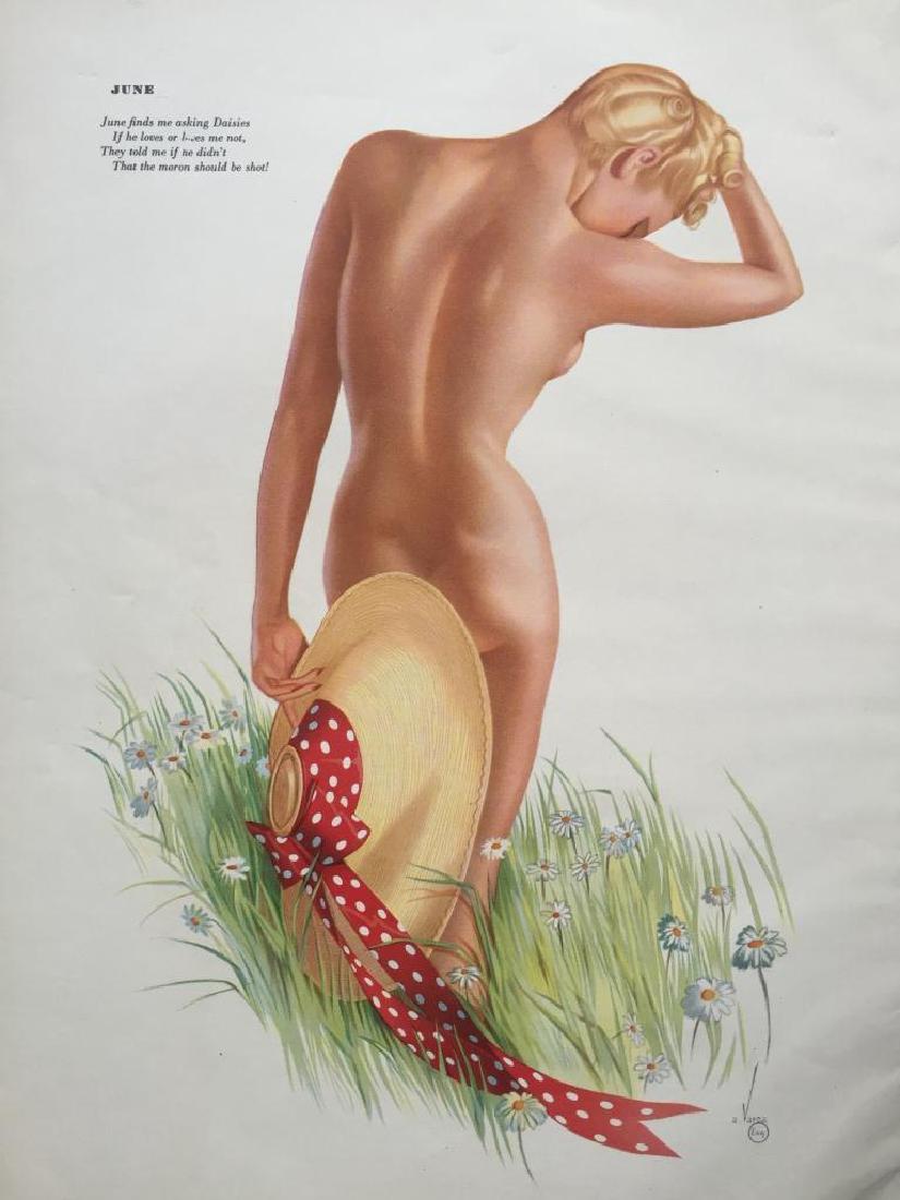 1942 Esquire Magazine Varga Girl Pin Up Prints: Original 1942 double sided print. Joaquin Alberto Vargas ( 1896 - 1982 ) from Esquire magazine, WWII pin up girl lithograph. Poem verse by Phil Stack. May & June Varga girls. May - redhead in yellow d