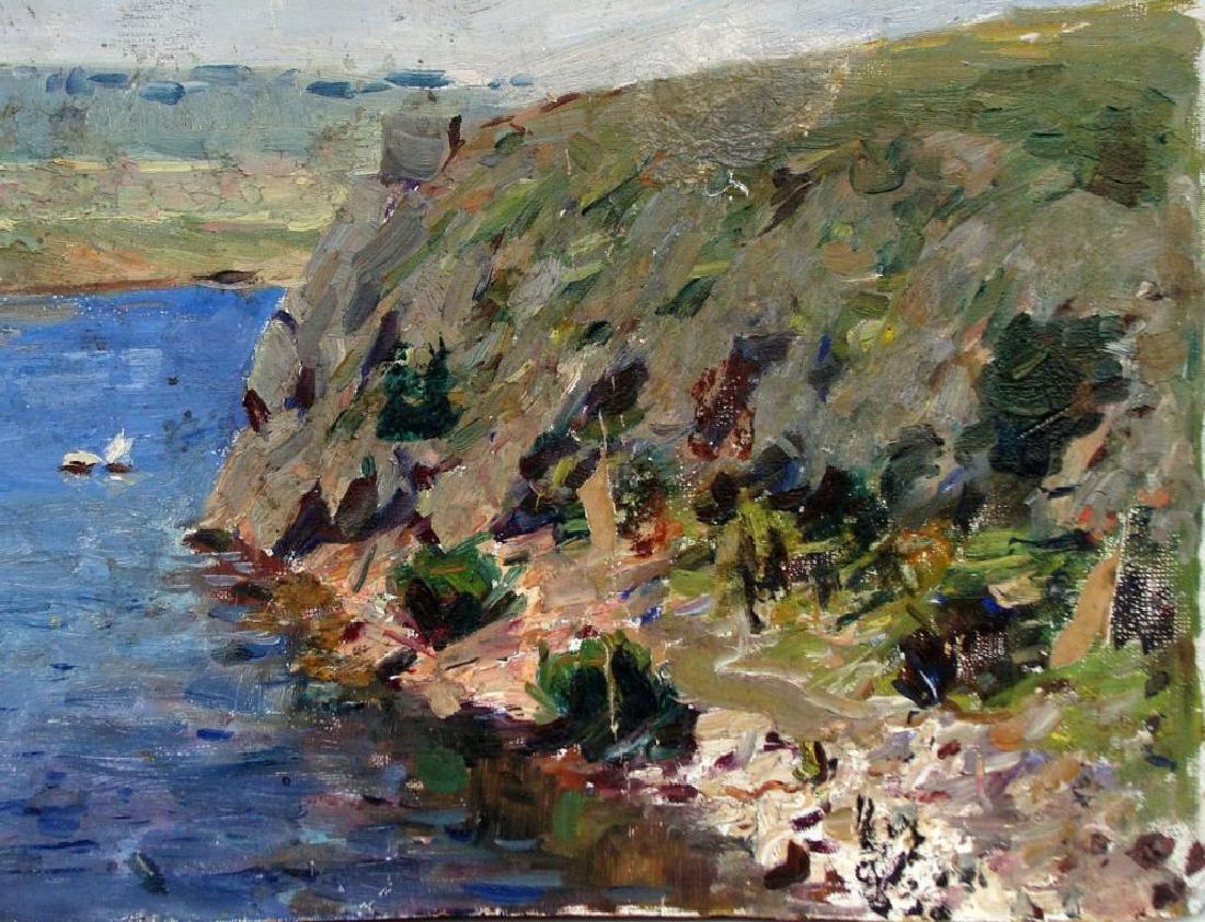 Mid 20thc Russian School, Seascape Oil Painting: Mid 20th Century Russian, Ukrainian seascape painting. Oil on cardboard. Board size is 8.5"x13.5". Signed in verso by Fashchenko Leonid Gregorievich (1937-2010). * some cracks to board & minor loss.