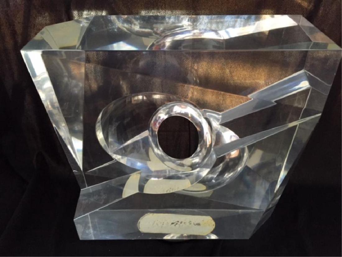 Late 20thc Signed Bijan Bahar Acrylic Sculpture: Late 20thc ( 1990's ) limited edition of 90, modern acrylic sculpture, "Eclipse". Signed & numbered by the artist Bijan Bahar ( 1942 - ). # 11 of 90. 12" X 12" X 4". Approx 25lbs. on rotating blac