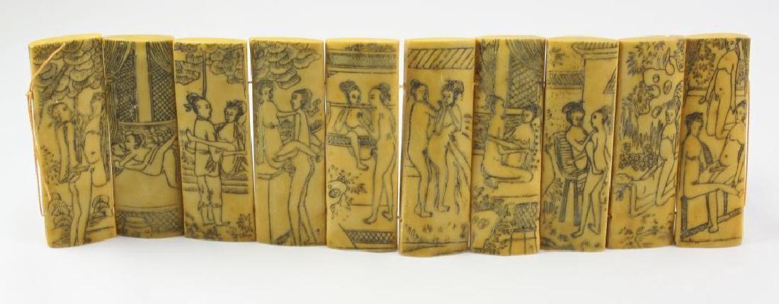 Vintage Chinese Erotic Scenes Tablets: Vintage Chinese erotic ox bone composite tablets, ( 10 total ) tied together, to make an instructional wall hanging. Etched on both sides, 20 scenes total. 3 1/2" W X 12" L.