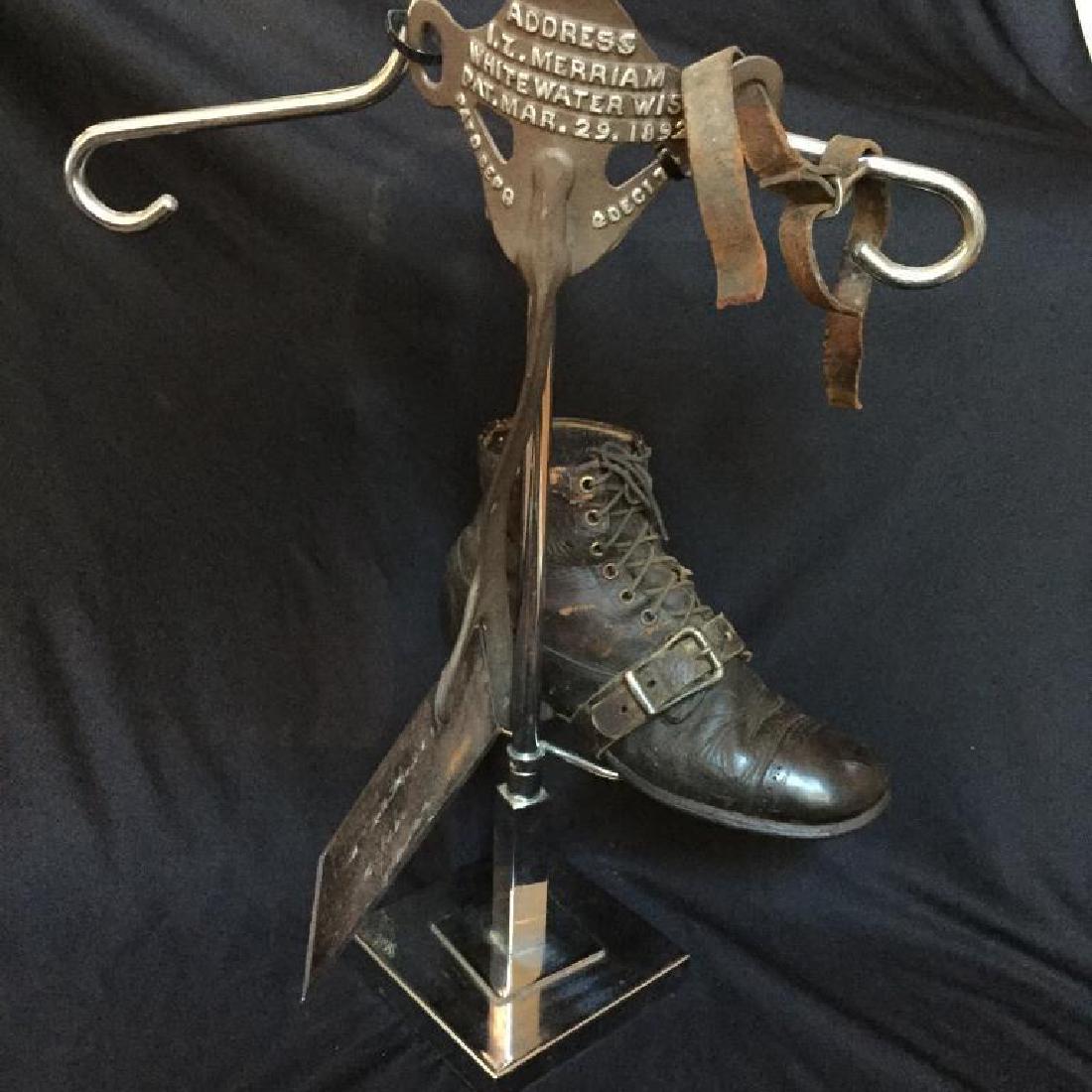 19thc Patent Model Sugar Cane Stalk Cutter: Late 19th Century Patent Model for a Sugar Cane Stalk Cutter. Printed on the cutter - "Address, I.Z. Merriam, Whitewater Wis., Pat. Mar.29. 1892." Blade attachment is 18" L X 7" W with leather strap &