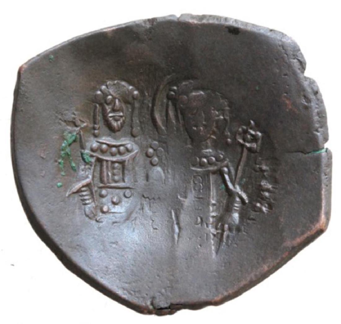 12th-13thc AD Byzantine Alexius III Billon Coin: 1195-1203 AD, Byzantine empire, Alexius III Angelus Comnenus billon trachy coin. Constantinople mint. Obverse - beardless nimbate bust of Christ wearing pallium & colombium raising right in benedictio