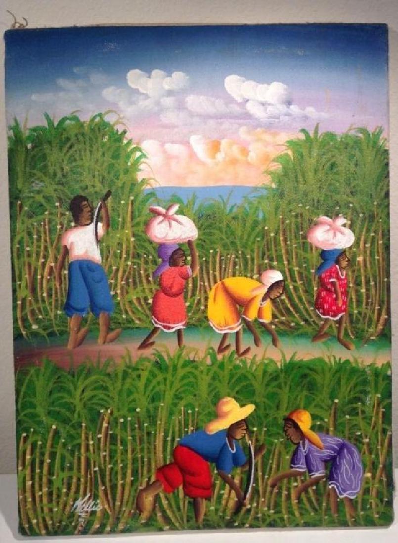 Signed Painting, Haitian Sugar Cane Harvest: Late 20th Century oil on canvas painting depicting a sugar cane harvest scene. Colorful Caribbean folk art painting. Signed by the artist Hillio. Unframed. 12" X 16".
