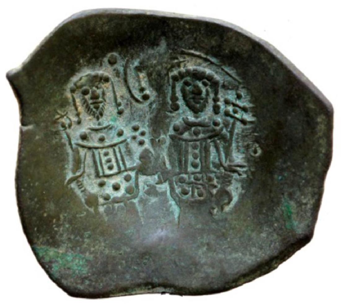 Byzantine Empire Coin, 1195 - 1203 AD: Byzanatine Empire, Alexis III Angelus - Comnenus, Billon Trachy coin. Constantinople mint. 1195 - 1203 AD. Obverse - beardless nimbate bust of Christ, wearing pallium & colobium, raising right inbened