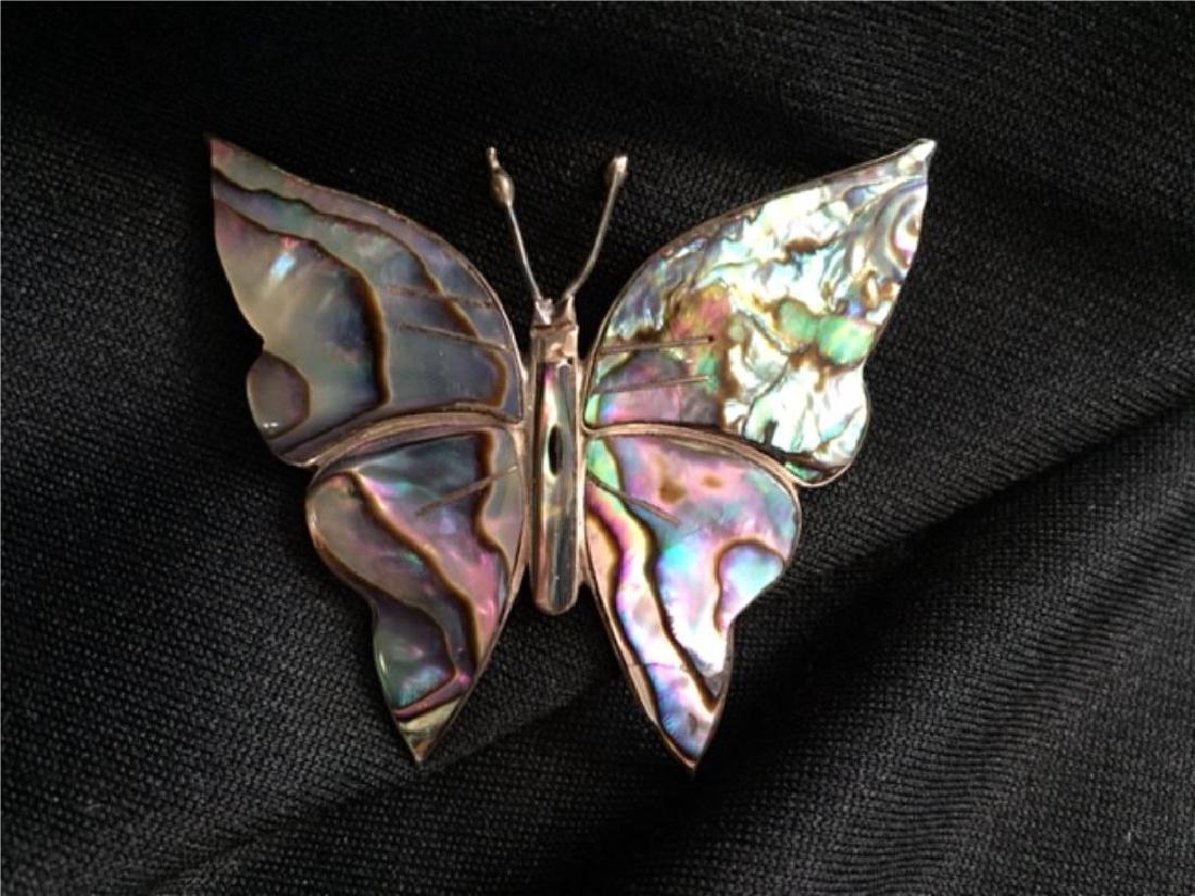 Vintage Sterling Abalone Butterfly Pin Brooch: Vintage 1930's sterling silver ( stamped on reverse Mexico Sterling 925 ) abalone inlaid butterfly brooch pin. 2" W X 1 3/4" L.