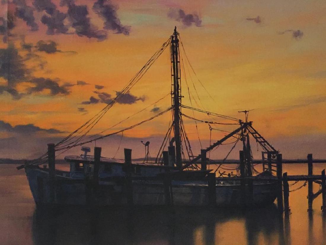 Oil on Canvas Painting, Shrimp Boat Sunset: Photo-realism, oil on canvas painting of a South Carolina shrimp boat at sunset. Signed on the reverse, R. Bianco. 24" X 36".