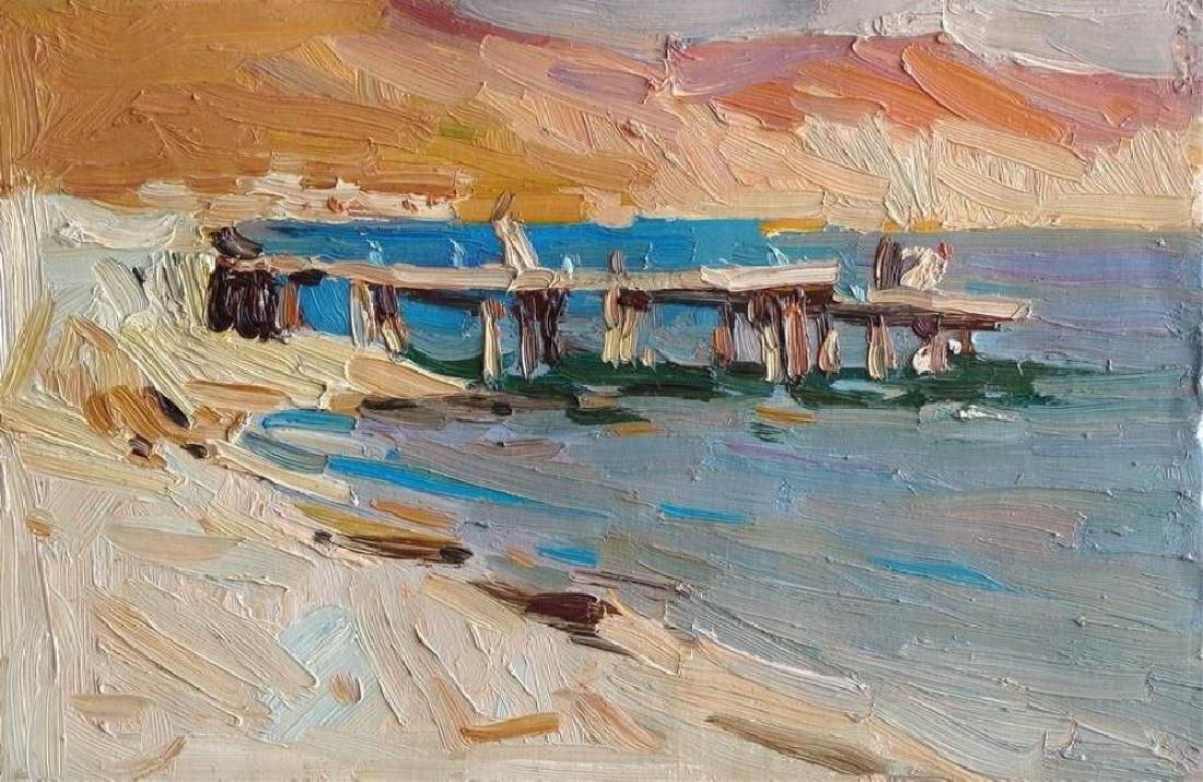 21stc Signed Impressionist Landscape, Oil Painting,: 21st Century Ukrainian Impressionist, untitled. Signed on verso, Anna Gusarova. Scene depicts a shoreline with pier. Oil on artist's board. 6 1/2" X 10".