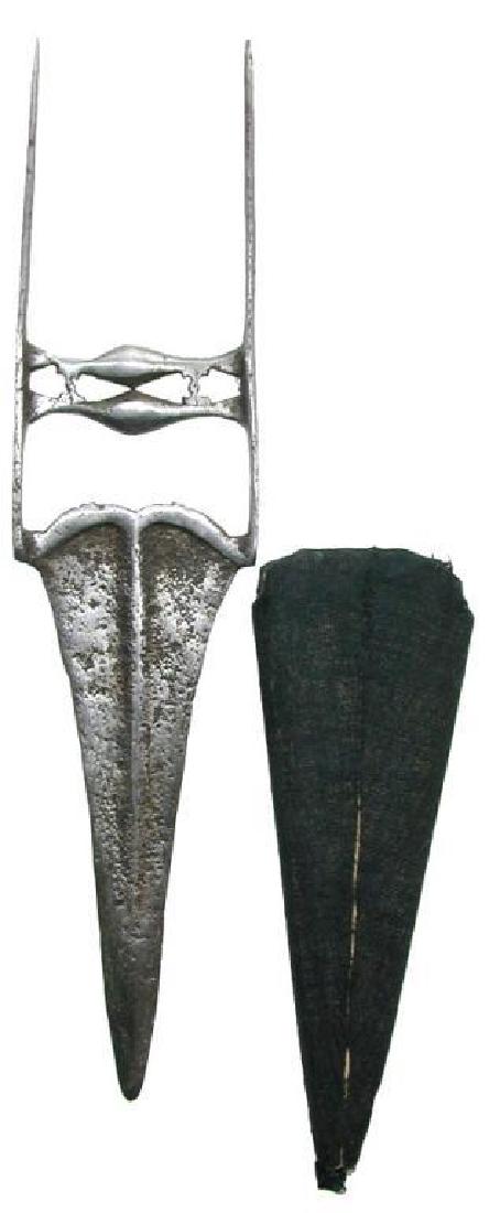 18th Century Indian Katar, Original Leather Sheath: 18th century, armor piercing, Indian push dagger katar with original fitted leather sheath. Hand made. Blade measures 7.75". Overall length 13.25".