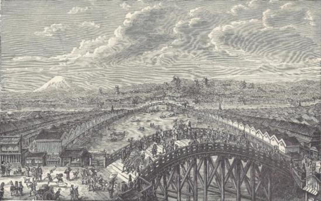 1899 Print, Nippon Bridge, Tokyo Japan: Book page print from an 1899 edition of Universal History - The Modern World". Titled, " View From The Bridge of Niphon, Tokio." Scene depicts the Nippon Bridge old view, Yedo ( Tokyo ). The original 