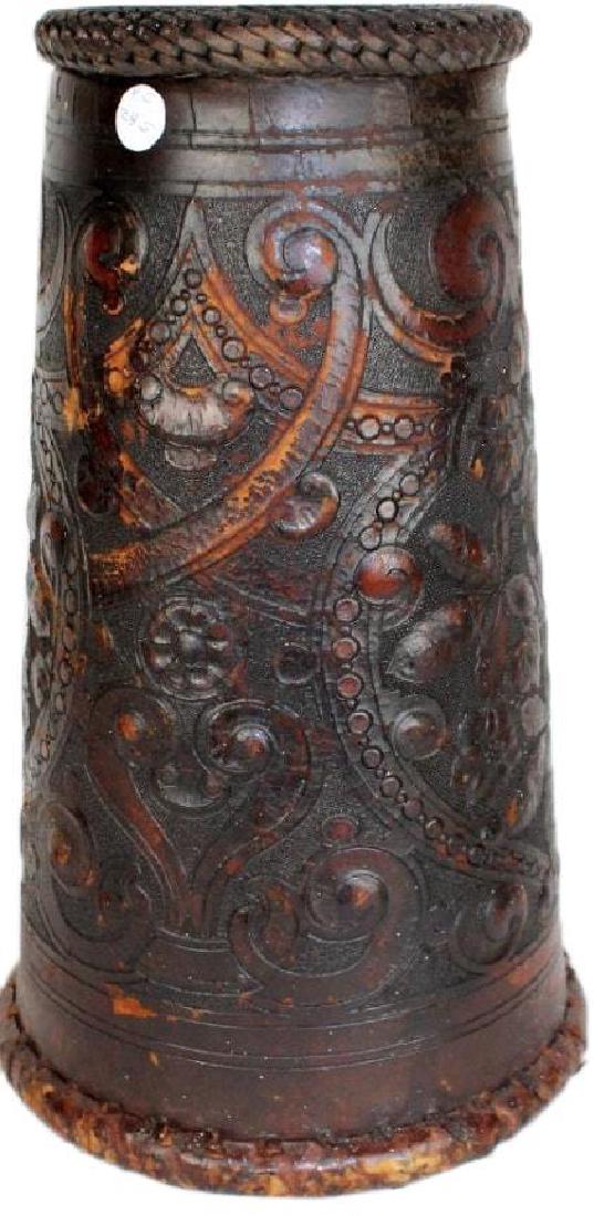 Antique 17th Century, Embossed Leather Arms Stand: Beautifully embossed leather arms stand for holding lances and swords at castle entry ways. Bottomless sleeve. 20"H x 8 1/2" D at top x 11" D at base