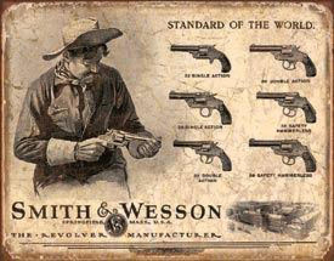 Smith & Wesson Metal Sign: New, antique style Smith & Wesson Revolvers decorative metal sign. Pre-drilled holes for mounting. 16"W X 12 1/2" H.