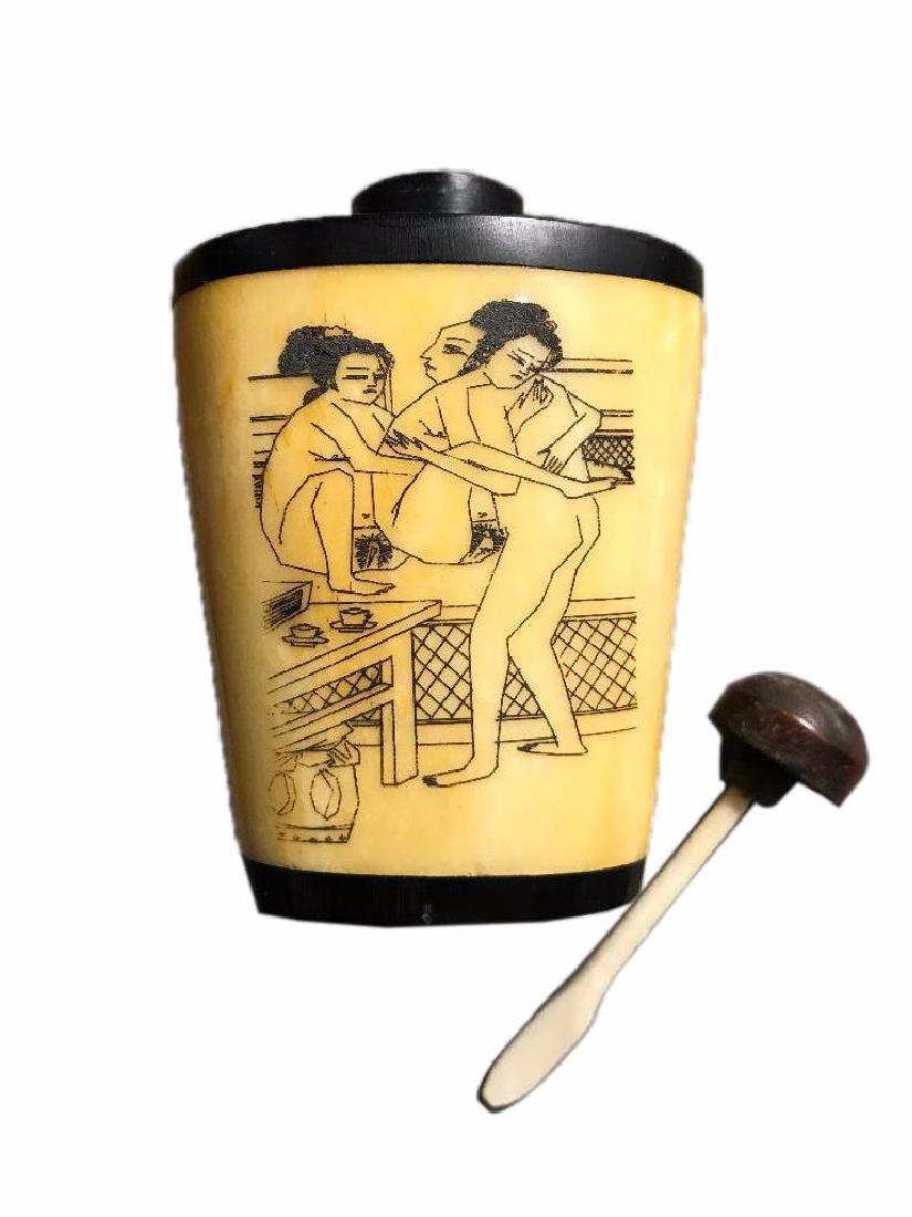 Vintage Chinese Bone & Wood Erotic Scenes Snuff: Vintage Chinese ox bone & wood snuff medicine bottle, with instructional erotic scenes etched on both sides. 3"H.