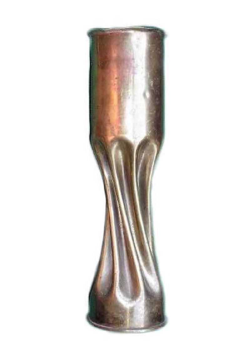 c1916 WWI British Shell Case Trench Art Vase: WWI Trench Art brace vase, made from a British shell case. Dated 1916, plus other markings. Measures approx 12.5 inches. Trench art is a form of folk art that began as soldiers were stuck in the trenc