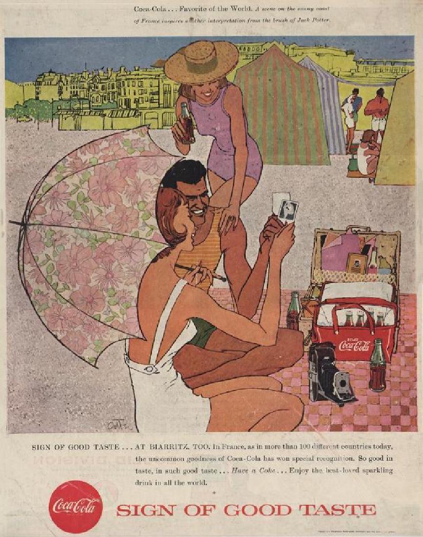 1957 Coca Cola Ad by Illustrator Jack Potter: 1957 Coca Cola magazine advertisement by famous 1950's illustrator & teacher Jack Potter. Depicts a group of vacationers enjoying Cokes in bottles while looking at photos on a beach in Biarritz Fr
