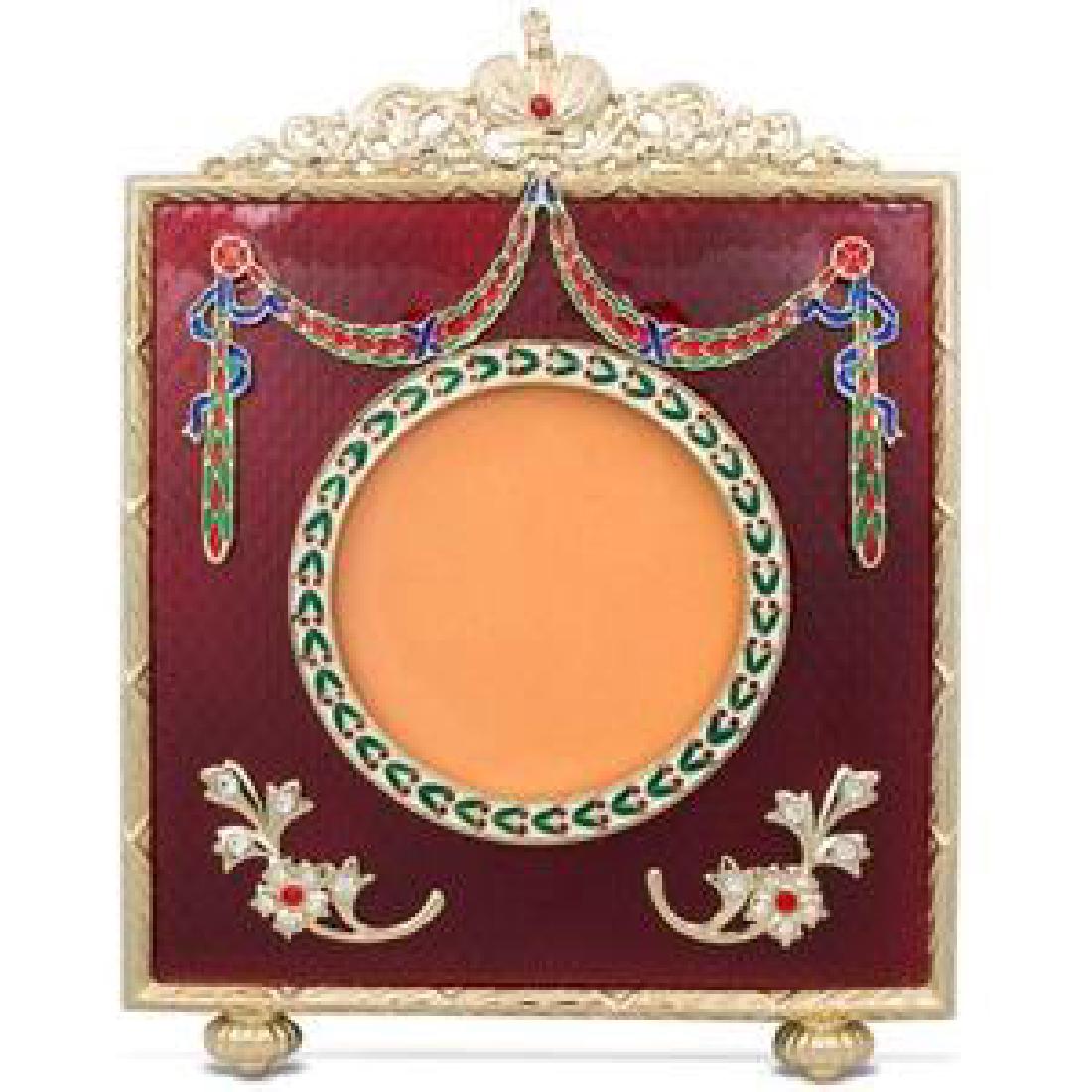 Faberge Inspired 5" Faberge Square Red Enameled: Faberge Inspired 5" Faberge Square Red Enameled Gullioche Russian Antique Style Picture Frame The Russian Royal Picture Frame is in a royal red guilloche enamel with golden mounted edges. The top of t