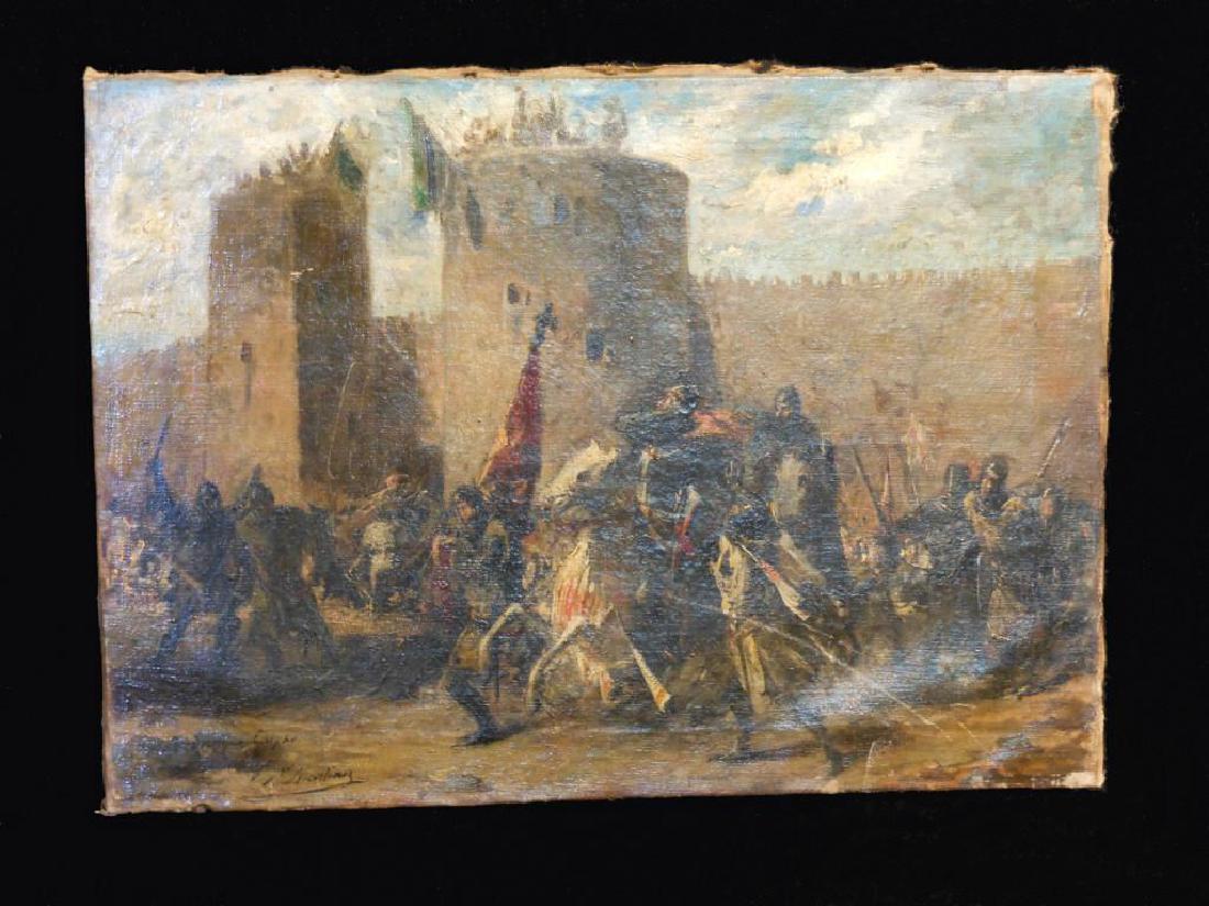 Signed Oil on Canvas Painting, Medieval Knights: Fantastic antique signed painting, depicting a battle scene with medieval knights before a castle. Approx 19" X 22". Signed Martinez.