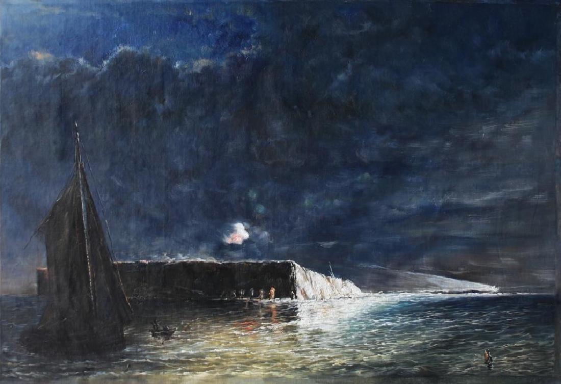 After Conrad Chapman, Night Bombardment Painting: After Conrad Wise Chapman's "Night Bombardment - December 10, 1864." Oil on canvas painting. "Shows calcium light thrown from Morris Island. Mail boat in the distance." - Conrad Wise Chapman. 24" X 36
