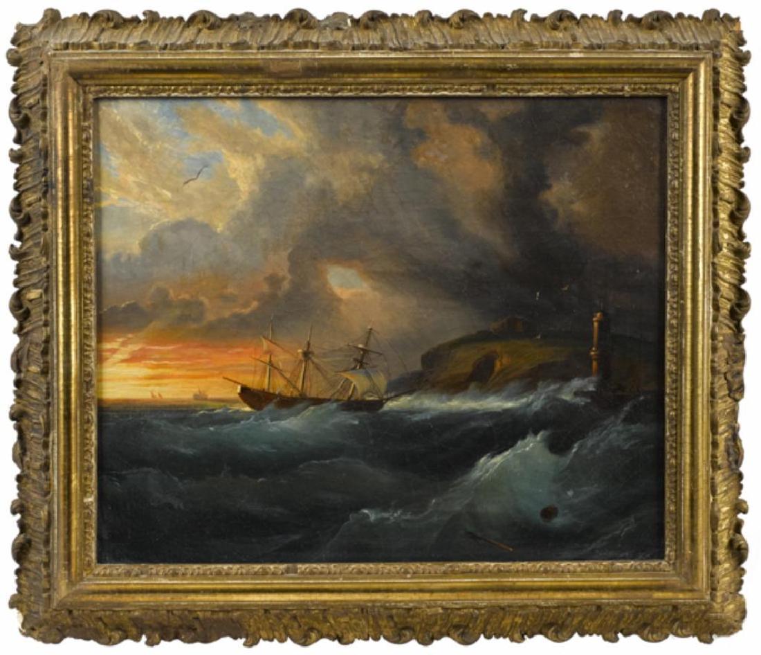 19thc English Coastal Scene Painting: 19th century English, oil on canvas, coastal scene, depicting a ship in a storm approaching a lighthouse. Ornate original Gold Gilt Frame. 15" X 18"