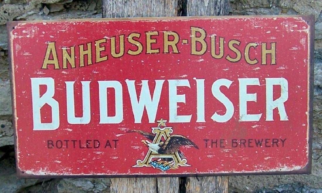 Retro-Style Anheuser-Busch Budweiser Metal Sign: Retro-style Anheuser-Busch Budweiser metal advertising sign. Holes drilled into the corners for mounting 8 1/2" X 16".