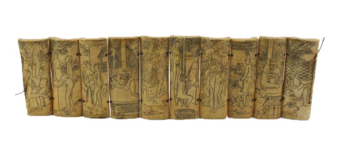 Vintage Chinese Ox Bone Erotic Tablets: Vintage Chinese ox bone tablets ( 10 totals ) strung together, depicting erotic scenes. Instructional purpose or for conversation. 4" W X 14" L.