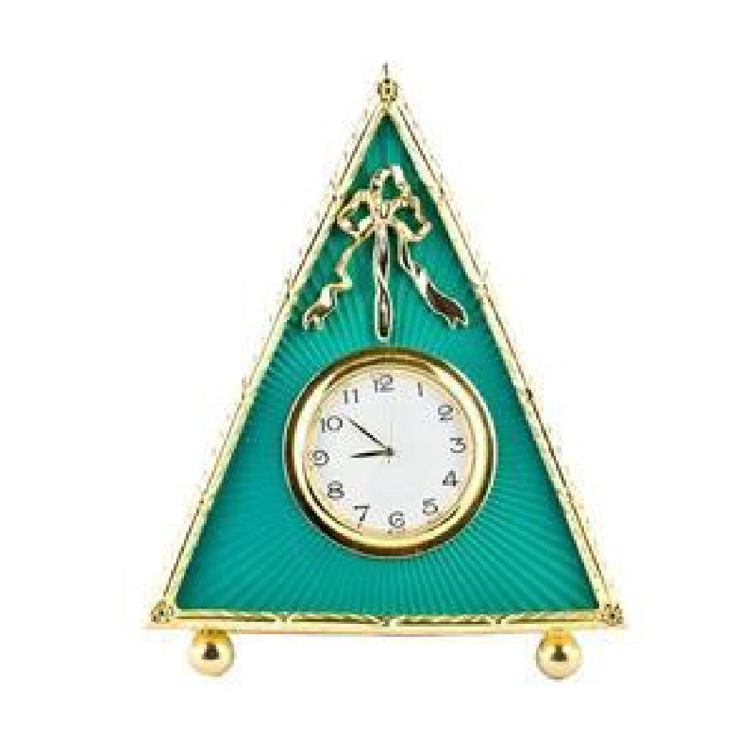 Faberge Inspired 5" Green Triangle Enameled Guilloche: Faberge Inspired 5" Green Triangle Enameled Guilloche Russian Antique Style Faberge Clock Features:5'' (H)Pewter, Enamel, Crystals Hand Painted Gift Boxed The photo frame is in two color gold-mounted