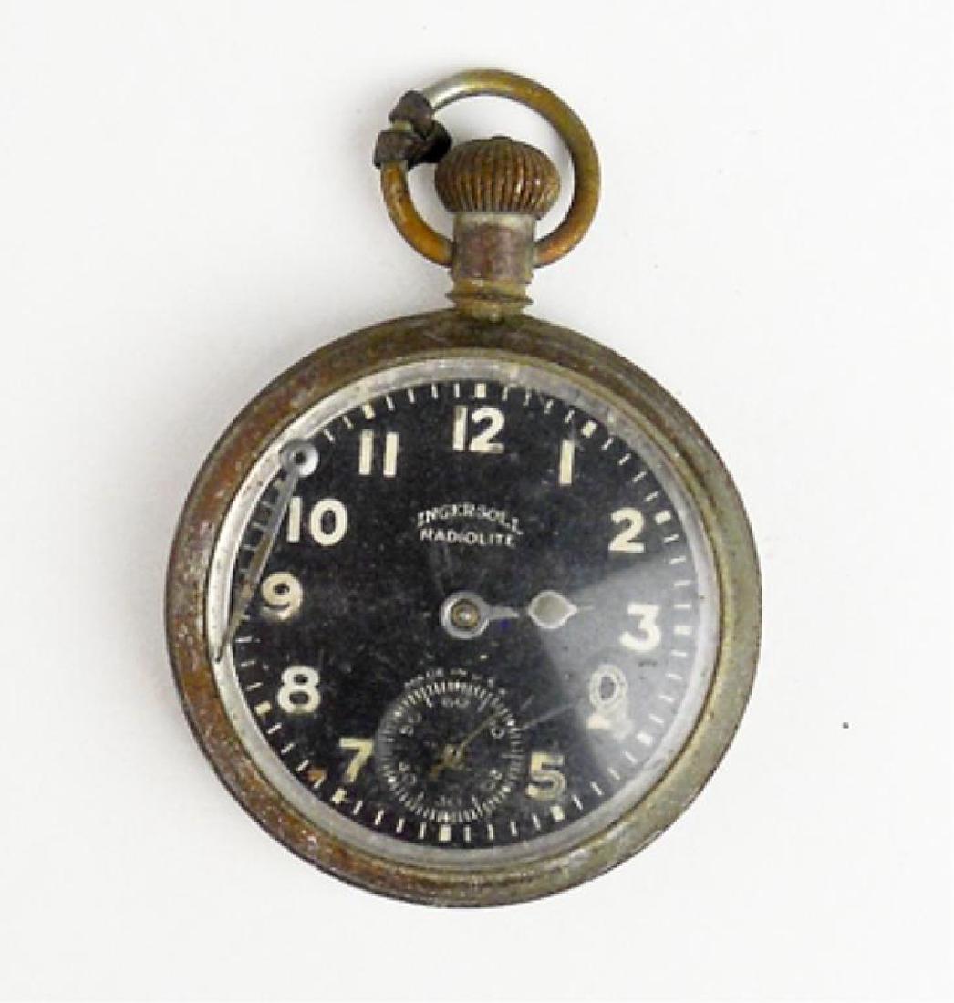 Early 1900's Ingersoll Radiolite Pocket Watch: Early 1900's Ingersoll Radiolite pocket watch, made in the USA. Black face with white numbers & a smaller seconds dial. Second hand dial is loose & floating under glass. No longer winds &
