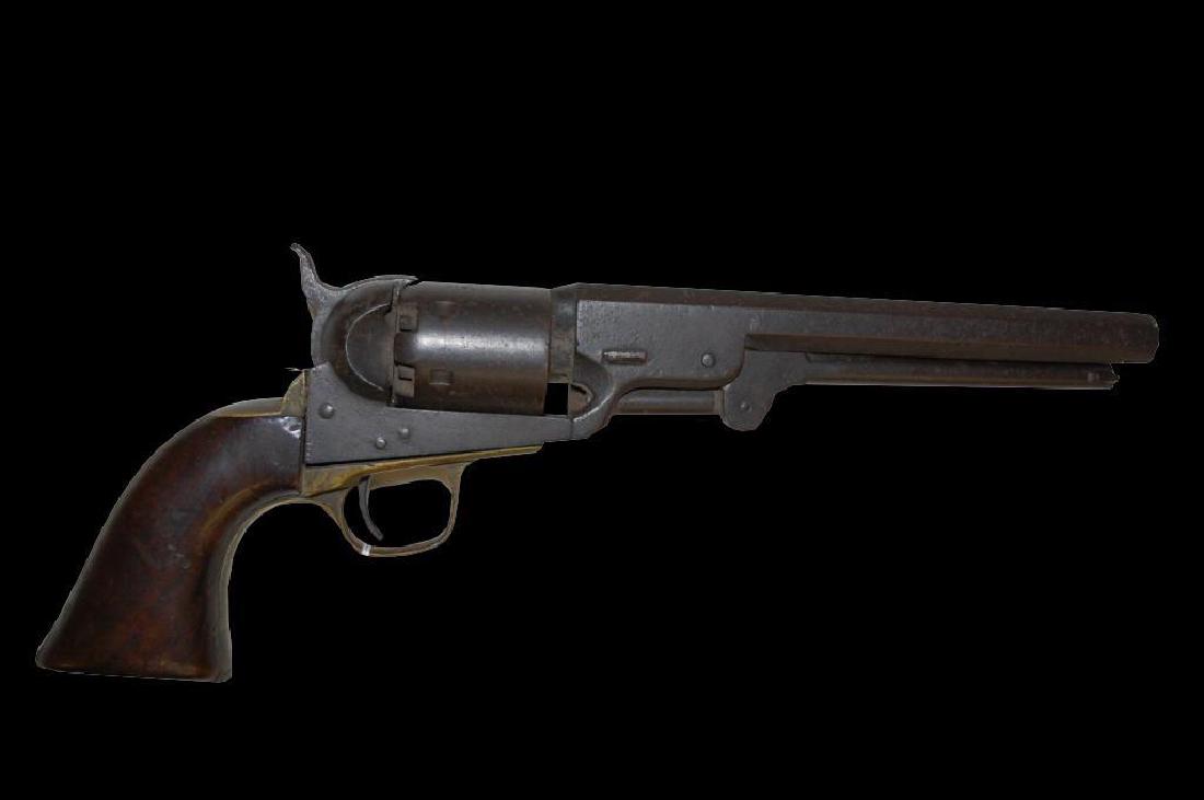 Early Civil War Colt Navy Revolver: 1851 all original Colt Navy .36 cal revolver, manufactured in 1861. All matching serial numbers. "Address Col Sam L Colt New York" on barrel. Brass back strap & trigger guard. **** Missing creeping le