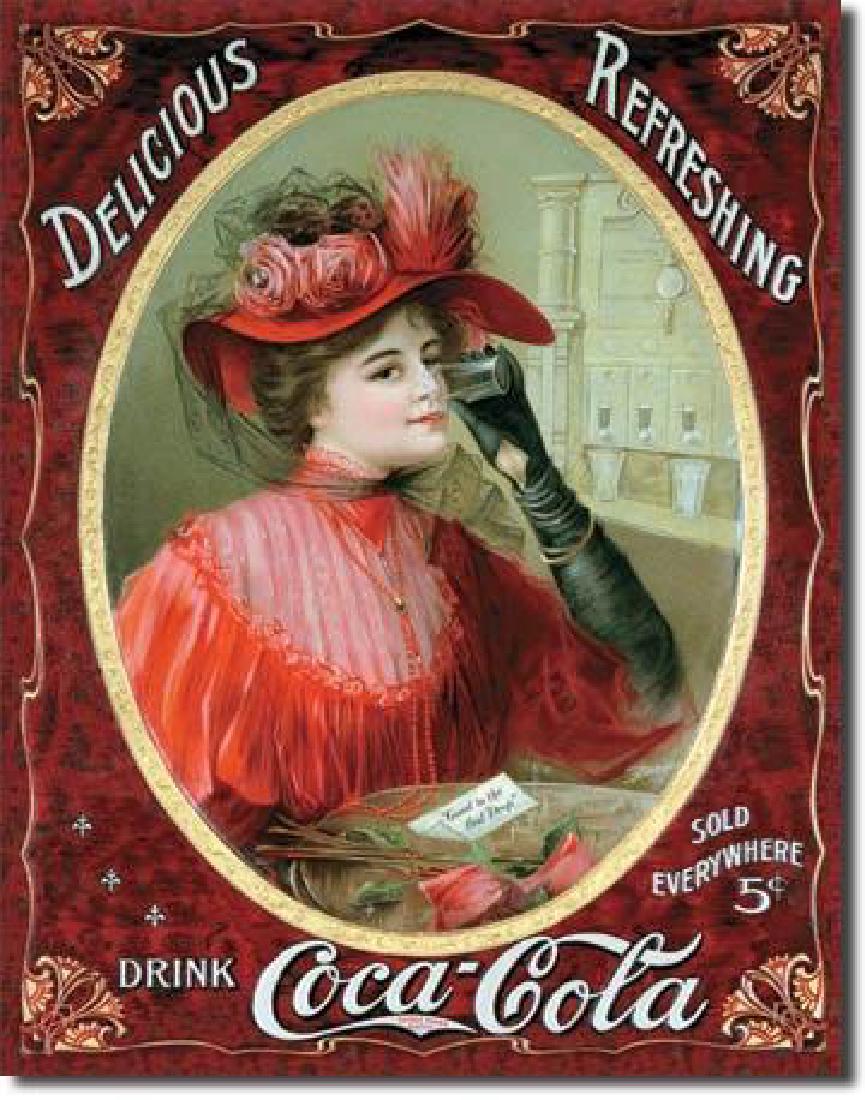 Antique-style Coca Cola Metal Sign: Antique-style Coca Cola, Coke, metal advertising sign featuring a Victorian lady. Pre-drilled holes in corners for mounting. 10" X 14".