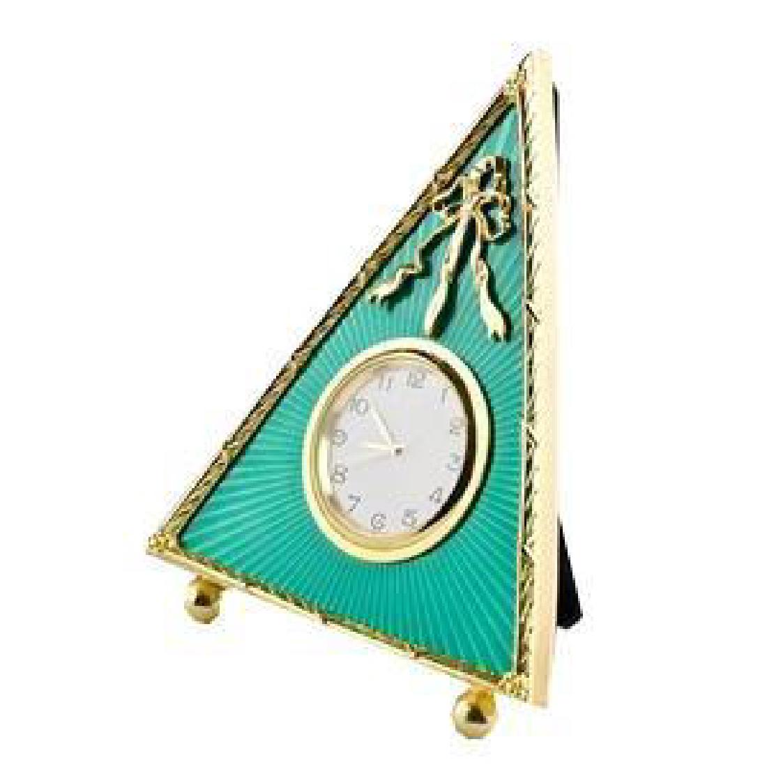 Faberge Inspired 5" Green Triangle Enameled Guilloche: Faberge Inspired 5" Green Triangle Enameled Guilloche Russian Antique Style Faberge Clock Features:5'' (H)Pewter, Enamel, Crystals Hand Painted Gift Boxed The photo frame is in two color gold-mounted