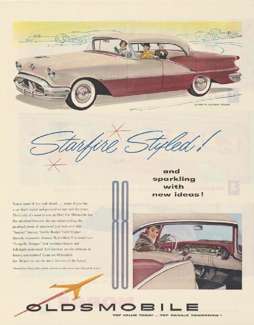 1956 Oldsmobile Starfire Advertisement: Original 1956 advertisement for Oldsmobile's Starfire 98 model. Shows a pink, duo toned, Super 88 Holiday Sedan. 10 1/2" X 13" mounted on linen canvas for preservation.