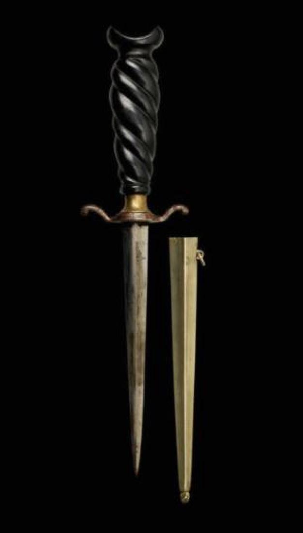 19thc Museum Quality Armor Piercing Dagger: Sturdy blade with a rhomboid cross-section, steel guard & belt hook. Ebony handle. Complete with scabbard. Excellent condition. 11" L.