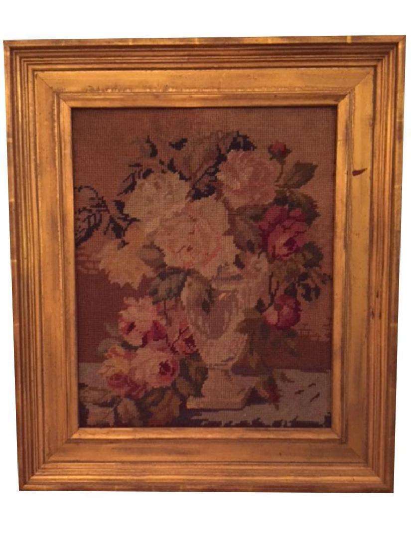 19thc Victorian Framed Floral Needlepoint: 19th Century needlepoint floral still life. 12" X 15 1/2" actual size of needle work in 18" X 21" gold wood frame.