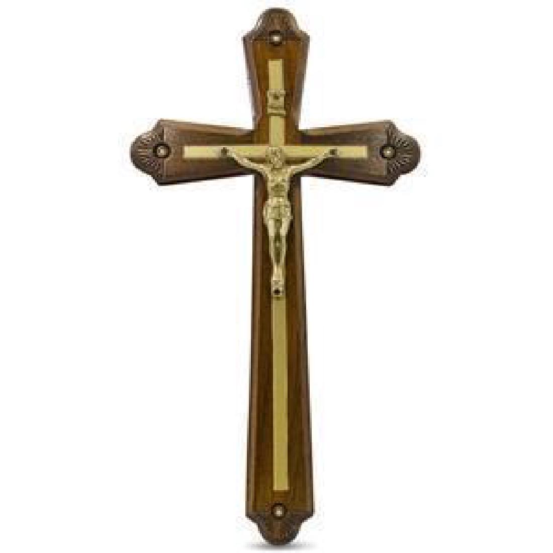 Carved Wooden Wall Crucifix: Brass metal mounted Jesus Christ on the cross, attached to a wooden crucifix cross wall hanging sculpture. 10" H.