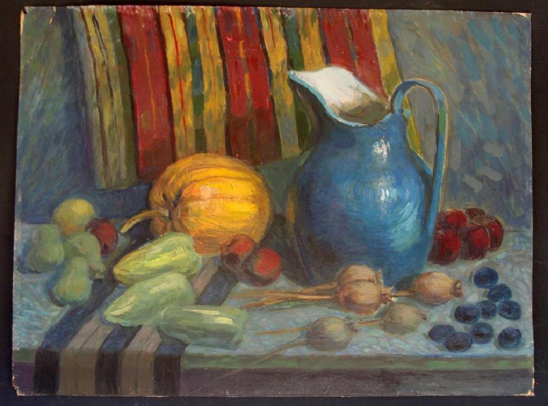 Mid 20thc Signed Ukrainian Still Life Oil Painting: Mid 20thc Ukrainian, Impressionistic Still Life. Oil painting on board. Signed verso Zyabchenko F. I. 18"X24".