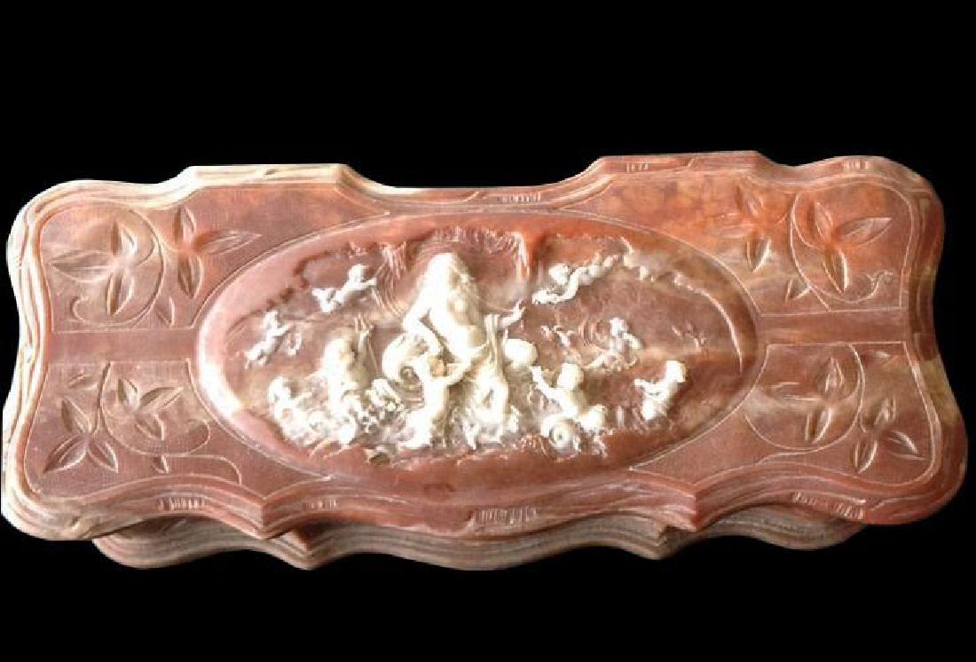 Vintage Genuine Inoclay Stone Jewelry Box: Vintage genuine rose incolay stone large oblong jewelry trinket box. Cameo scene to top - "Venus at Repose". Box is in very good condition with only minor loss on the bottom of a front edge. Measures 
