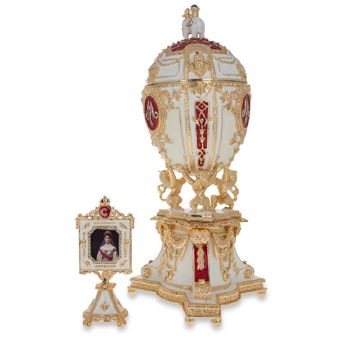 Faberge Inspired 1903 ROYAL DANISH FABERGE EGG MUSIC: Description 1903 Royal Danish Faberge Egg '' (H) X '' (W) Enamel Gold Plated Pewter, Austrian Crystals Russian Style Hand Painted Gift Boxed You'll love the elegance of this white hued, Imperial Easte