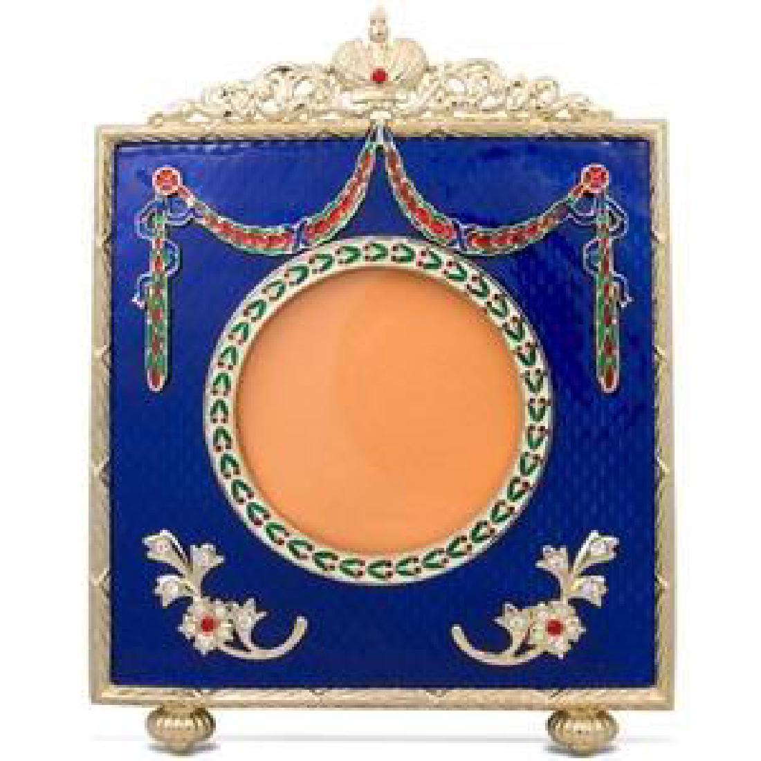 Faberge Inspired 5" Faberge Square Blue Enameled: Faberge Inspired 5" Faberge Square Blue Enameled Gullioche Russian Antique Style Picture Frame The Russian Royal Picture Frame is in a royal blue guilloche enamel with golden mounted edges. The top of