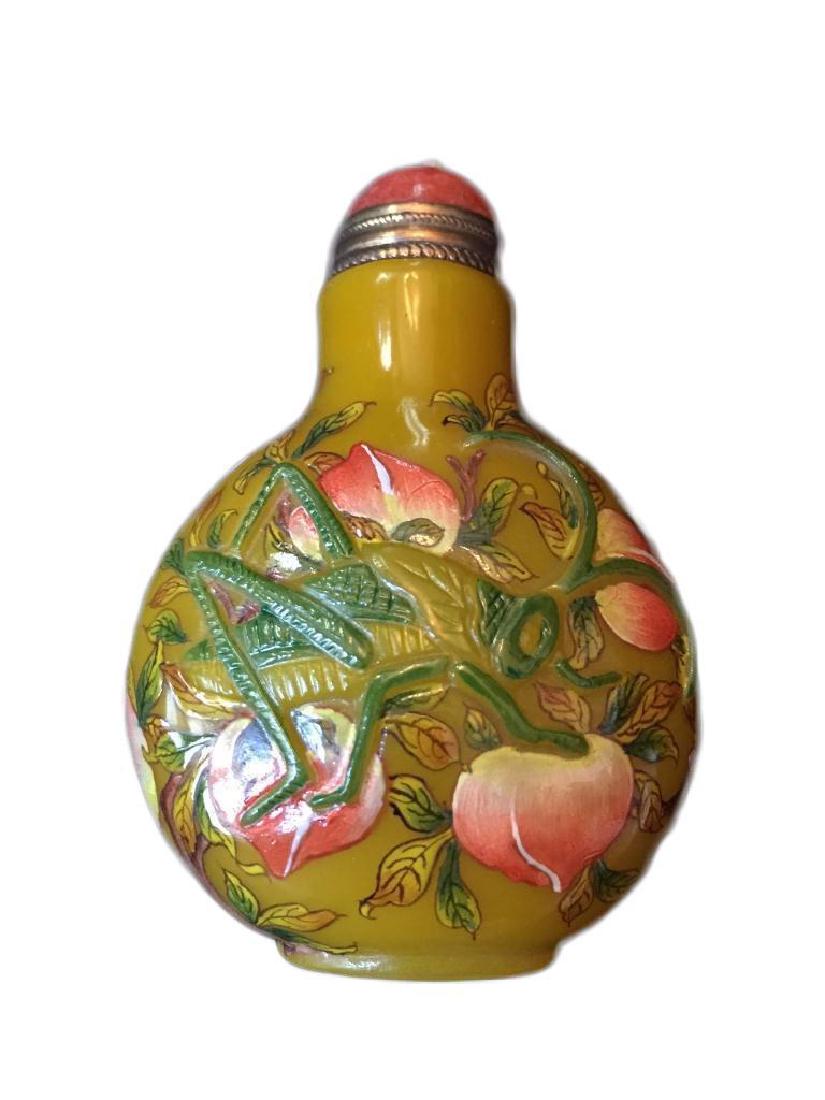 Hand-painted Peking Overlay Glass Snuff Bottle: Gorgeous hand-painted Peking overlay glass. Artist signed on the bottom, snuff or medicine bottle, depicting peaches & katydids/ crickets with flowers. Orange/ Red stone top with copper scoop in t